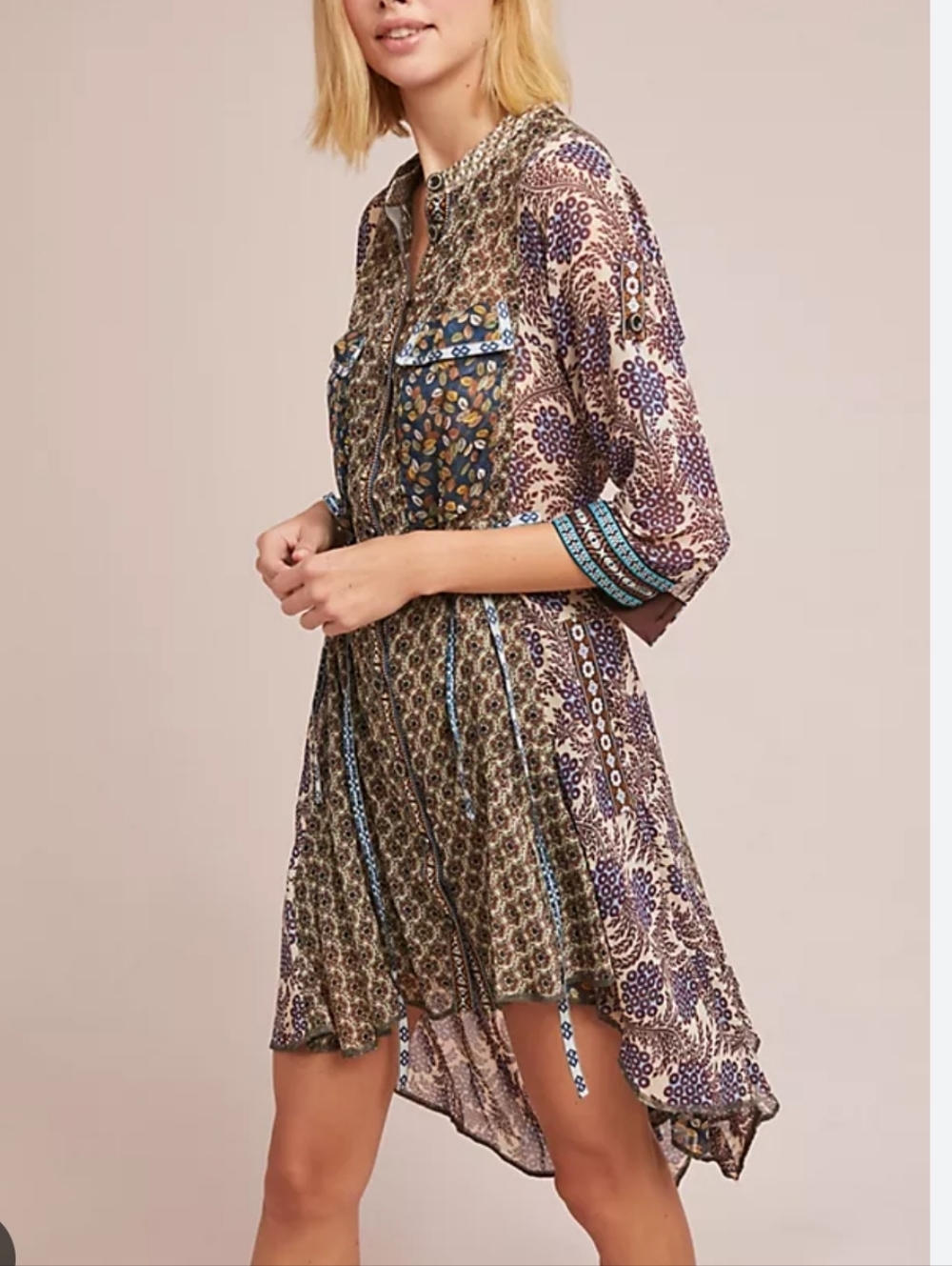 Byron Lars Fleur Shirtdress Long Sleeve in Neutral & Blue, Size 8 Anthropologie